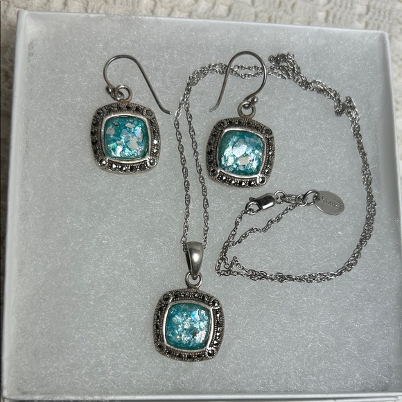 Stauer Roman Glass Necklace & Earrings Set Sterling Silver Crystal Lined 18